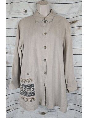Chico's Beige 100% Linen Jacket Sz 2 Large Southwestern Painted Beading